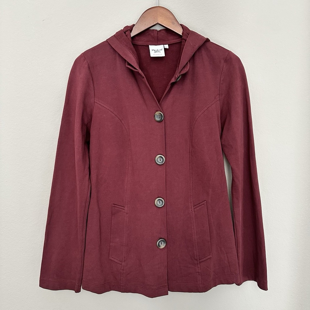 Michael Stars Wine Hooded Jacket Sweater Button Front Pockets Y2K Minimalist USA